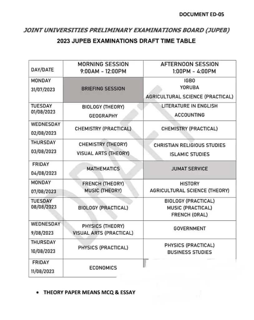 2023 JUPEB Draft Timetable is Out [JUPEB Centres Nationwide]