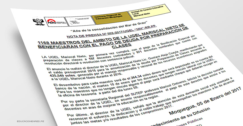 BUENA NOTICIA PARA DOCENTES CONTRATADOS: A partir del lunes recibirán pago por preparación de clases - DRE Moquegua