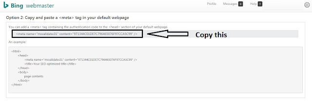 As we are using a blogspot blog we will use option 2 as it seems to be the easiest. If you wish to use other options and they are easy to implement you can use them. But I will be going further with option 2 - "Copy and paste a tag in your default webpage".    Now in the details of option 2, you will see the meta tag information. Now copy the tag line I have highlighted in the figure below.