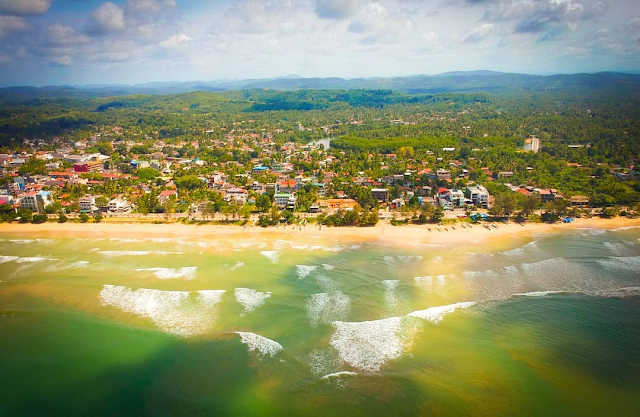 Aerial view of Weligama bay with sandy beach