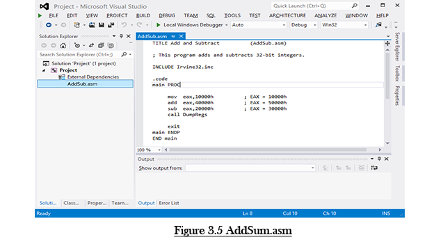 run a program in assembly language using microsoft visual studio