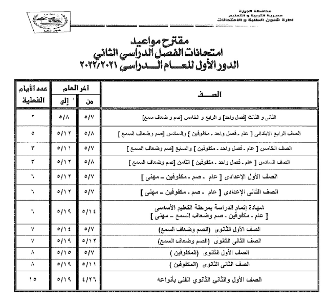 جدول امتحانات الشهادة الإعدادية الترم الثاني 2022 "بمحافظة الجيزة" تبدأ 14 مايو وتنتهي 19 مايو