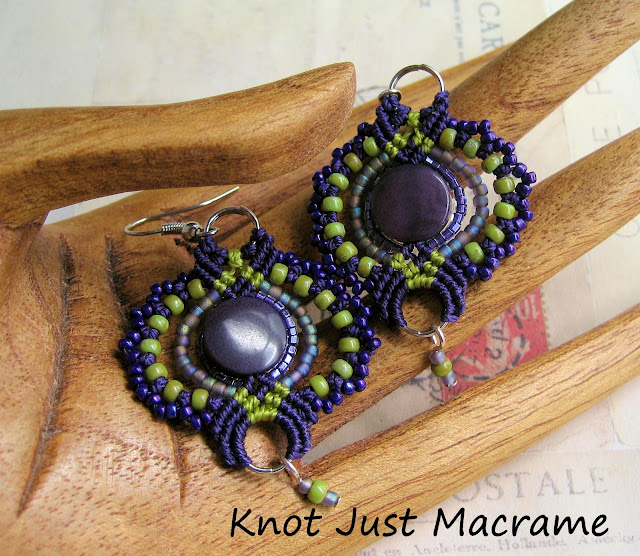 Knotted macrame earrings in purple and green from Knot Just Macrame