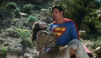 Margot Kidder as Lois Lane and Christopher Reeve as Superman in SUPERMAN: THE MOVIE (1978)