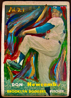 Card painting of Brooklyn Dodgers pitcher Don Newcombe (acrylic on a 1957 Topps baseball card)