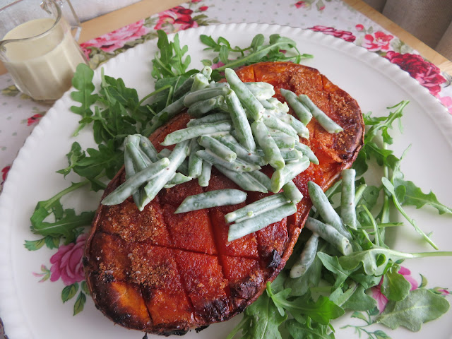 Dry Rub Roasted Sweet Potatoes with Green Bean Slaw