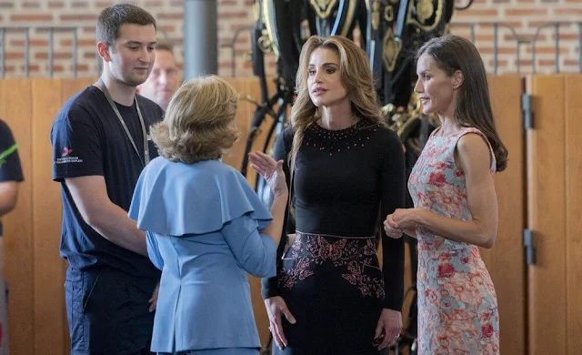 Queen Letizia wore a new floral print midi dress by Diego Estrada. Queen Rania wore a new black midi dress by Dior