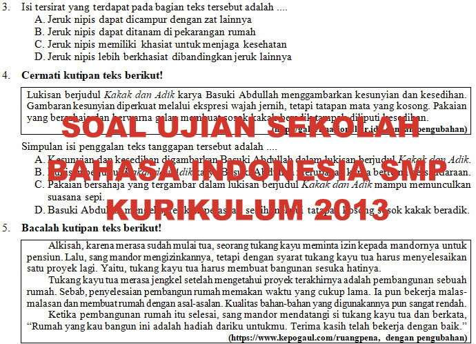  Soal  dan Kunci Jawaban Ujian  Sekolah  Bahasa  Indonesia  SMP  