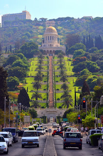 view of bahai gardens and mt carmel from below in german colony