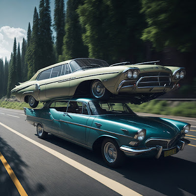 A Retro Sixties car stacked on another Retro Sixties Car 'Flying' on the highway. - Image by TET & Leonardo.ai