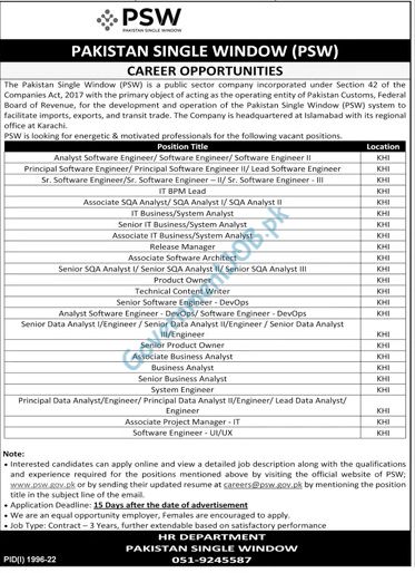 Pakistan Single Window (PSW) Jobs 2022
