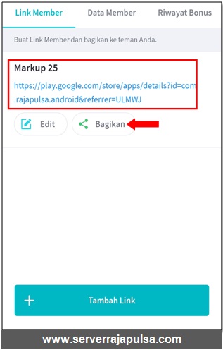 bagikan kode referral di aplikasi android raja pulsa