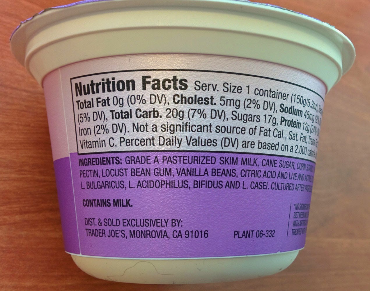 Trader Joe's Nutrition Labels: Trader Joe's Greek Yogurt Nonfat Vanilla Bean