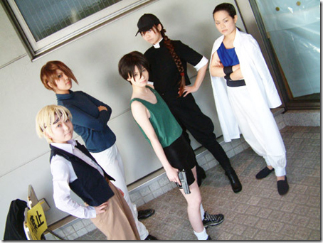 gundam wing cosplay - quatre raberba winner, trowa barton, heero yuy, duo maxwell, and chang wufei