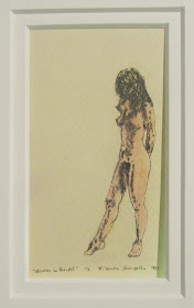 "Woman in Deep Thought"  (Robin Thinking About Leaving Him)  Hand-colored stone lithograph, edition of 5  c. 1981 by F. Lennox Campello  4.5x2.5 inches framed to 7x5 inches