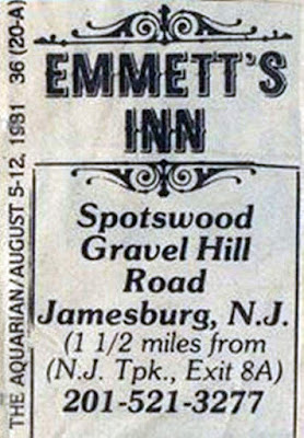 Emmett's Inn ad 1981 in Jamesburg, New Jersey