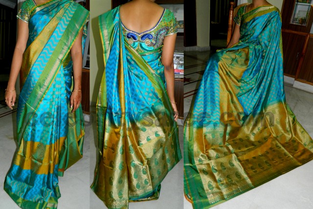 Light Weight Silk Saris in Green and Blue