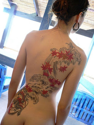 tattoo women back, dragon tattoo and flower tattoo