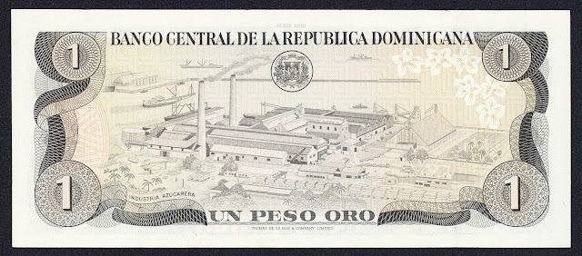 Dominican Republic money 1 Peso Oro banknote 1980 Sugar Refinery at Río Haina