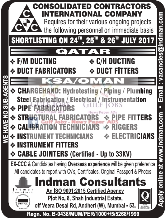 Consolidated contractors co JObs for Qatar, KSA & Oman