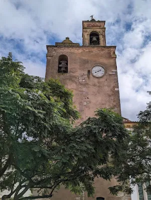 Clock tower in Beja viewed from below in Alentejo Portugal