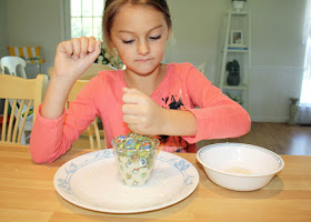 Tessa created a model with marbles and rice to demonstrate how salt can be poured into a seemingly full glass of water without flowing over. The grains of rice fill in the spaces between the marbles just as the grains of salt move around in water and take up the empty pockets of space that are between the water molecules, which is what initially keeps the glass from overflowing.