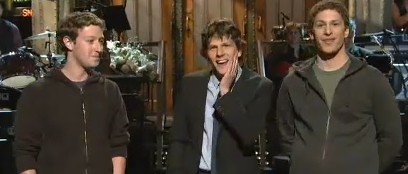 Mark Zuckerberg meets Jesse Eisenberg for first time on SNL (1/29/11)