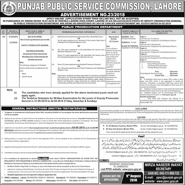  Jobs In Punjab Public Service Commission PPSC 25 July 2018