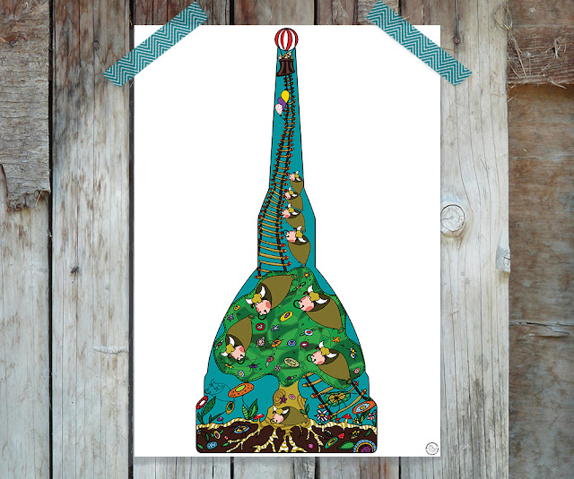 Digital folk illustration with bucolic landscape into Mole Antonelliana frame by Barbara Bisarello on Cocode Market & Studio