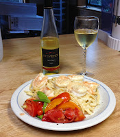 photo of Garden Harvest salad fettucini shrimp stevenot wine monarae-beads who does she bead she is