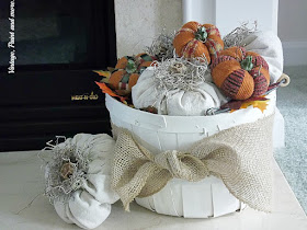 Vintage, Paint and more... pumpkins made from drop cloth material in an upcycled orchard basket with burlap ribbon