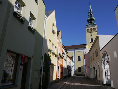 Novy Jicin backstreet with the tower of the church of the assumption