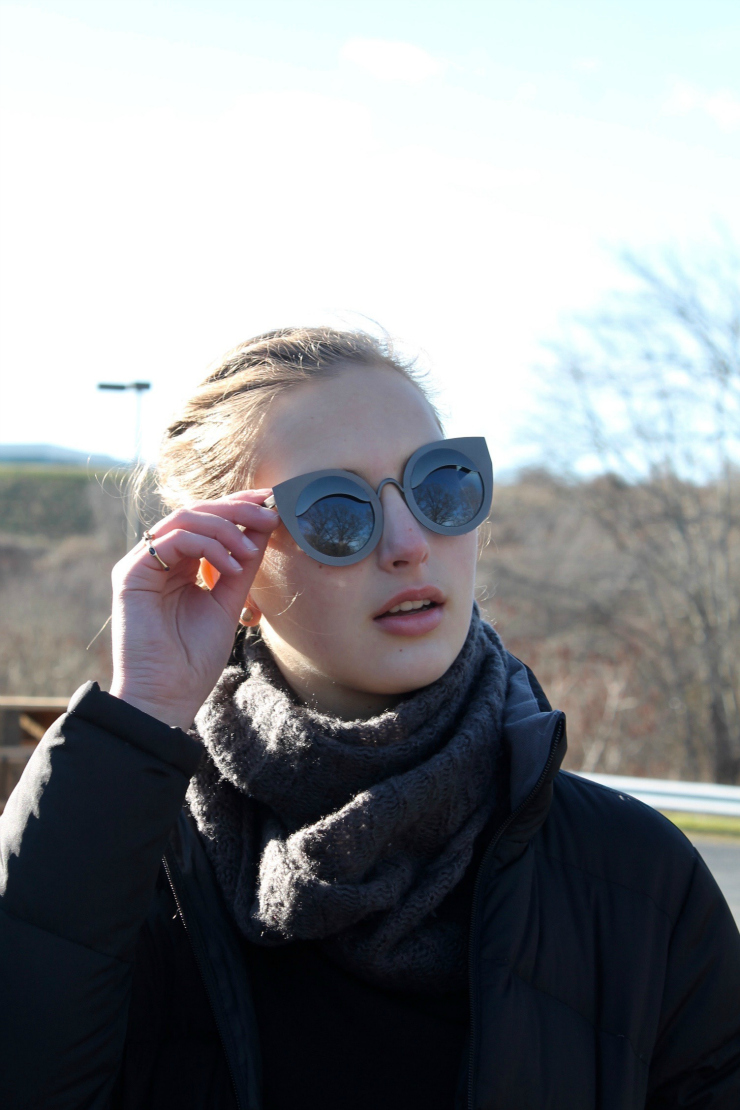 LBD, black puffer coat, grey infinity scarf, sparkle tights, black leather Chelsea boots