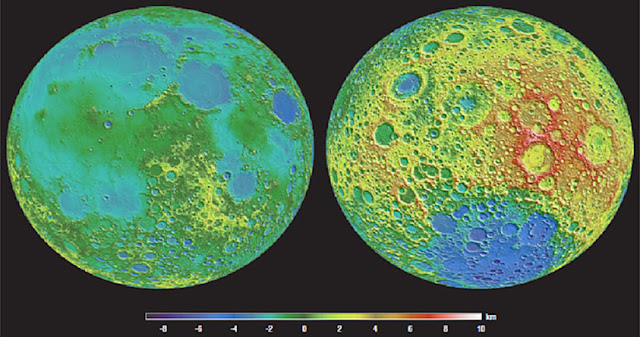 Topografía detallada de la cara visible (izquierda) y de la cara oculta (derecha) de la Luna.