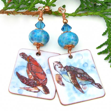 turtle lover earrings lampwork beads swarovski crystals