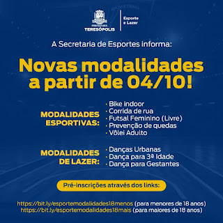 Secretaria de Esportes retoma na segunda-feira, 04/10, aulas gratuitas de 3 modalidades e implanta 8 novas