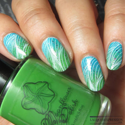 Green and turquoise ombre with white stamping nail art for Earth day manicure
