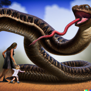 A giant brown snake menacing a mother and her child. Image by Dall-E and David Arandle.