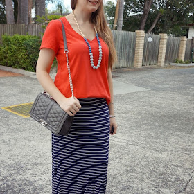 awayfromblue Instagram | red tee navy stripe maxi skirt rebecca Minkoff love bag