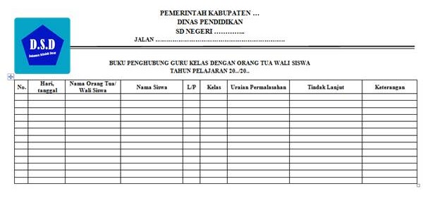 Buku Penghubung Guru Kelas dengan Orang Tua Wali Siswa