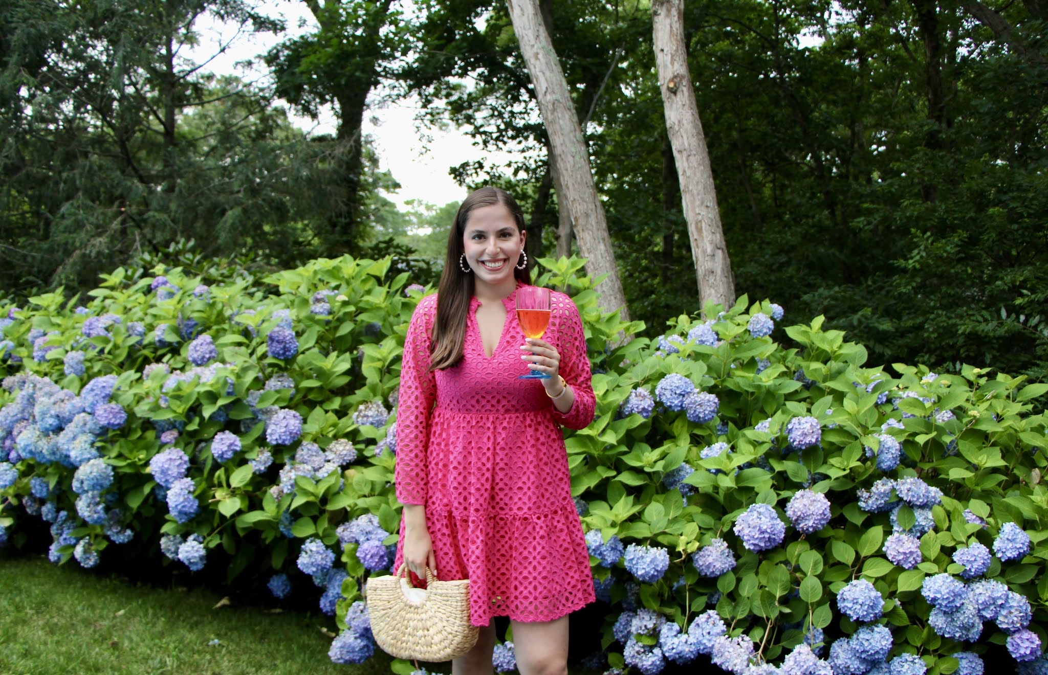 hydrangeas, pink dress, hamptons, straw bag, straw tote, east hampton, espadrilles,