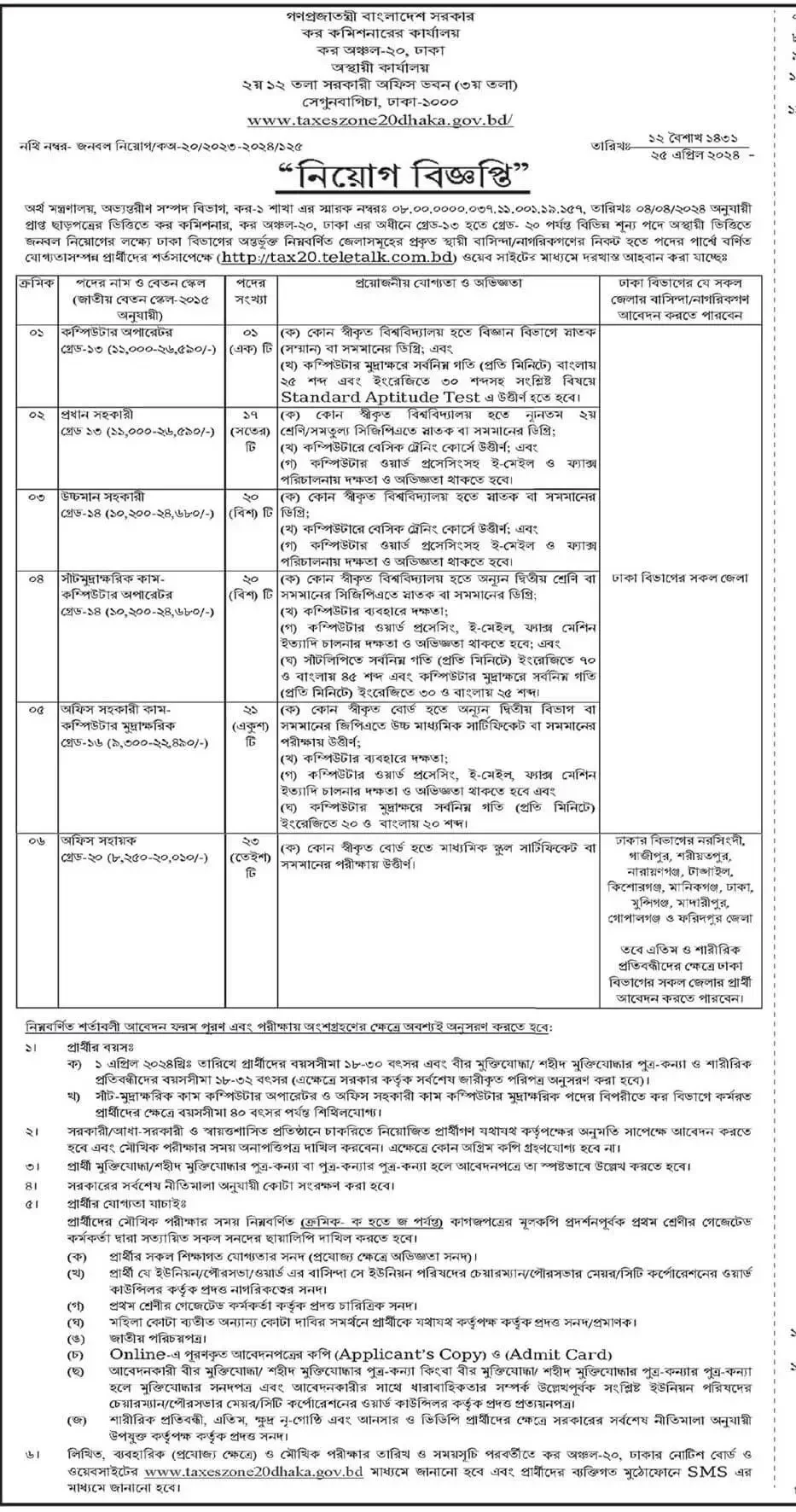 কর অঞ্চল ২০ ঢাকা নিয়োগ বিজ্ঞপ্তি ২০২৪ - Tax Zone 20 Dhaka Job Circular 2024