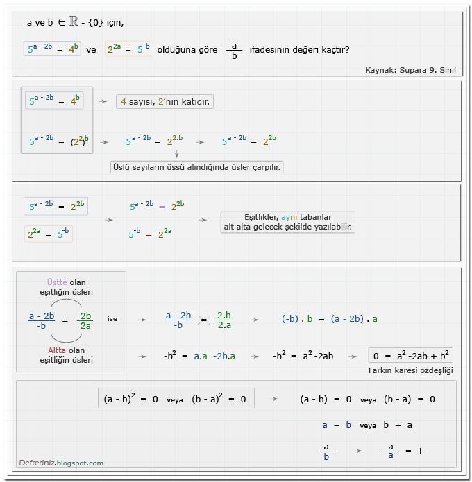 Örnek soru 19 » Üslü denklemler » üsler'in oranlandığı denklemler » üsler 2. dereceden denklem ise (Kaynak: Supara 9. Sınıf).