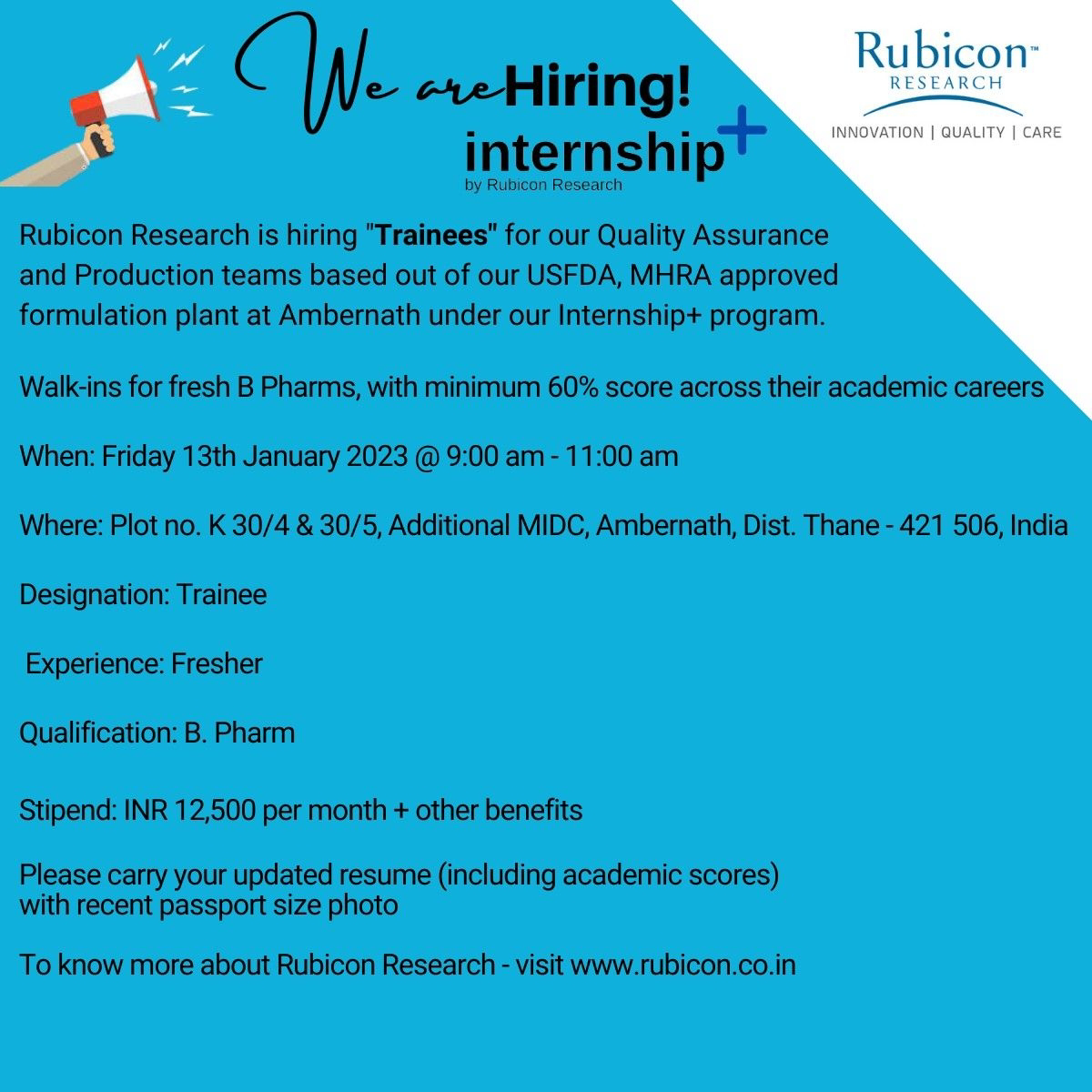 Job Availables, B Pharm Walk In Interview For Freshers At Rubicon Research