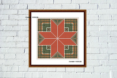 Orange green ornament counted cross stitch hand embroidery pattern - Tango Stitch