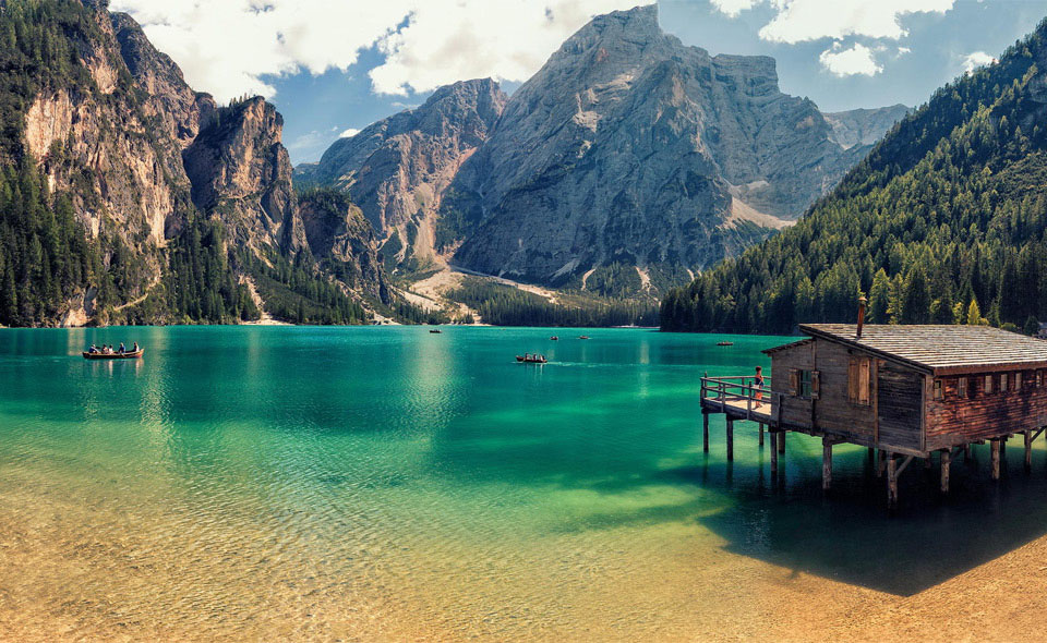Crystal Clear Emerald Prags Lake in Tyrol, Italy