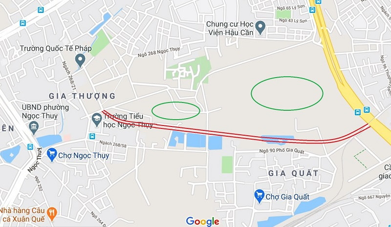 heo qui hoạch, hình ảnh này là bản đồ tuyến đường sẽ đi qua 2 khu đất sẽ đào hồ (màu xanh) ở phường Thượng Thanh.