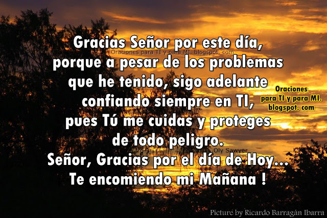 Gracias Señor, por este día, porque a pesar de los problemas que he tenido, sigo adelante confiando siempre en TI, pues Tú me cuidas y proteges de todo peligro.