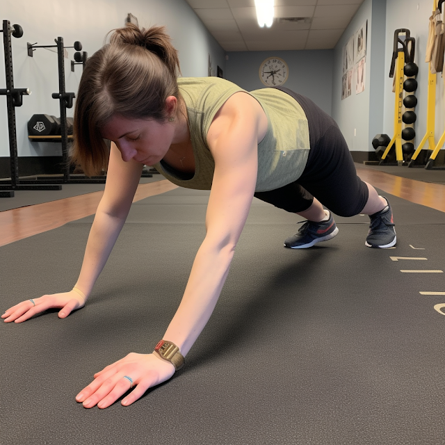 An individual in plank position during a burpee, hands firmly on the ground, body forming a straight line from head to heels, showcasing intensity and full-body engagement.