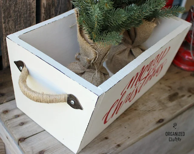 Garage Sale Wooden Box Upcycled As Inexpensive Christmas Decor #hobbylobbystencil #hobbylobby #hobbylobbyhardware #Christmas #stencil #farmhouseChristmas #upcycle #garagesalefinds